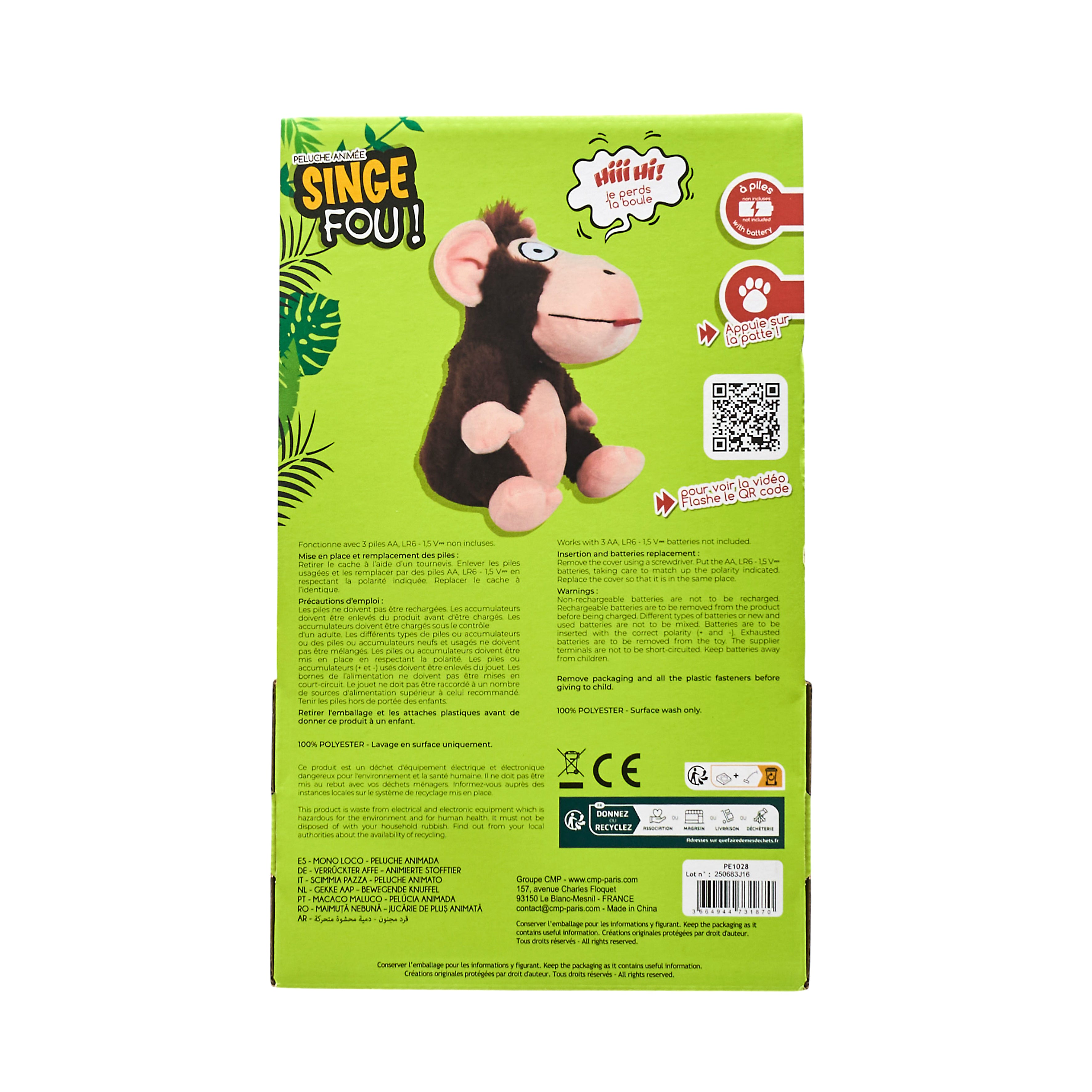 PELUCHE SINGE FOU A PILES