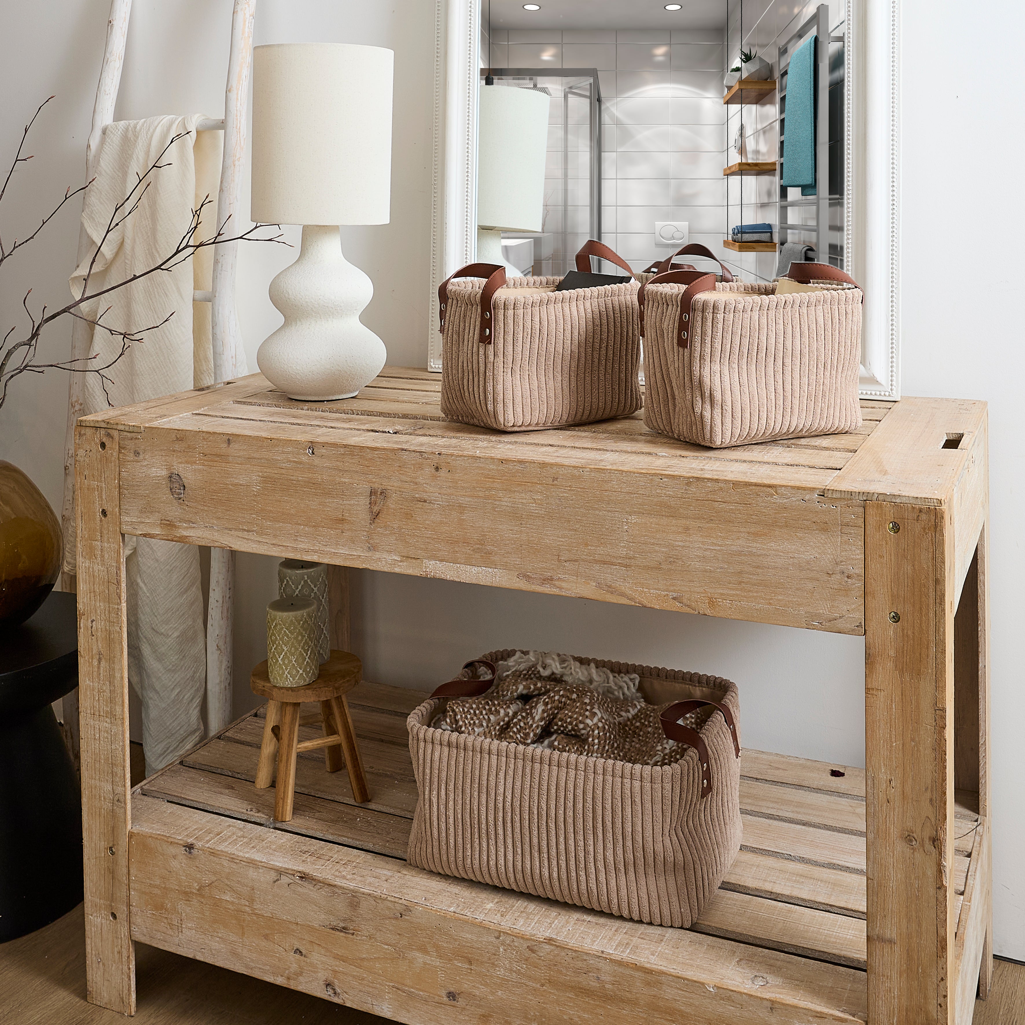 PANIER RANGEMENT TAUPE VELOURS COTELE X3 H20CM