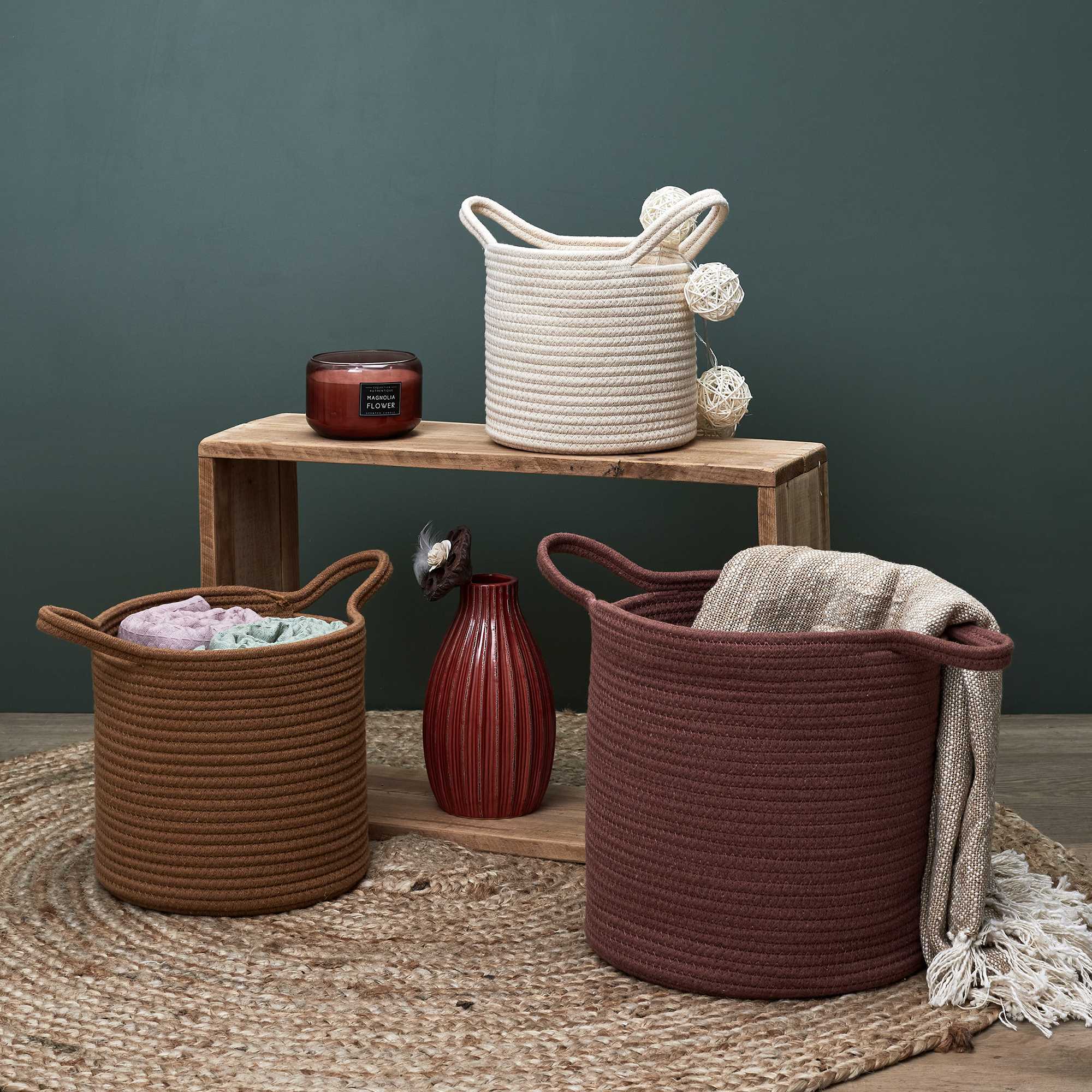 PANIER COTON TERRACOTTA OCRE IVOIRE X3