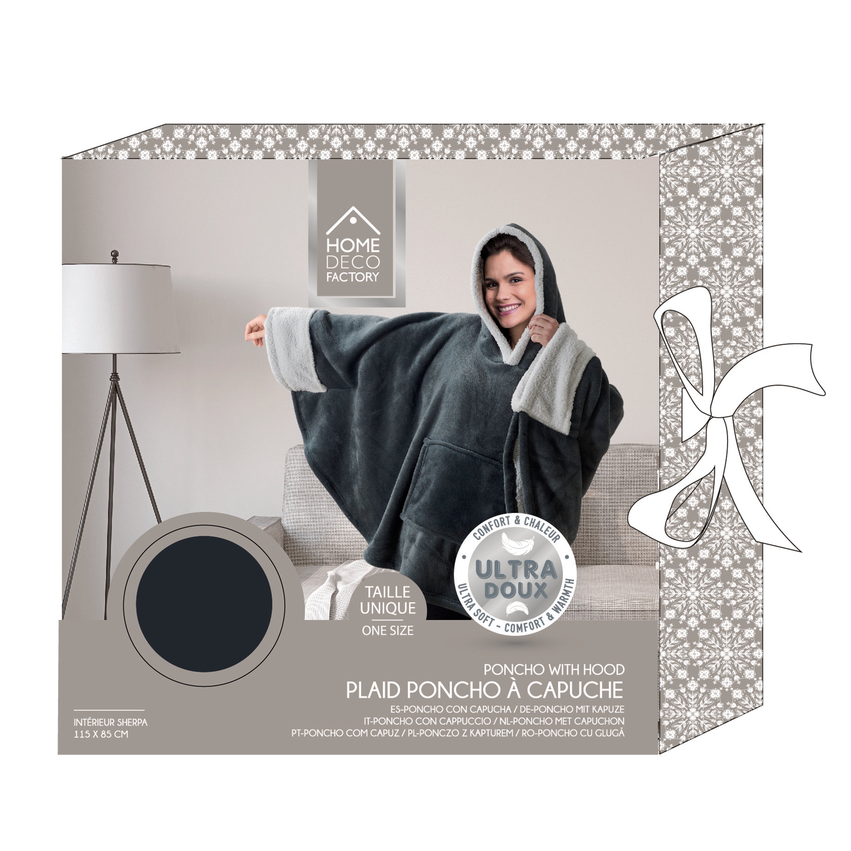 PLAID PONCHO GRIS FONCE MANCHES INT SHERPA