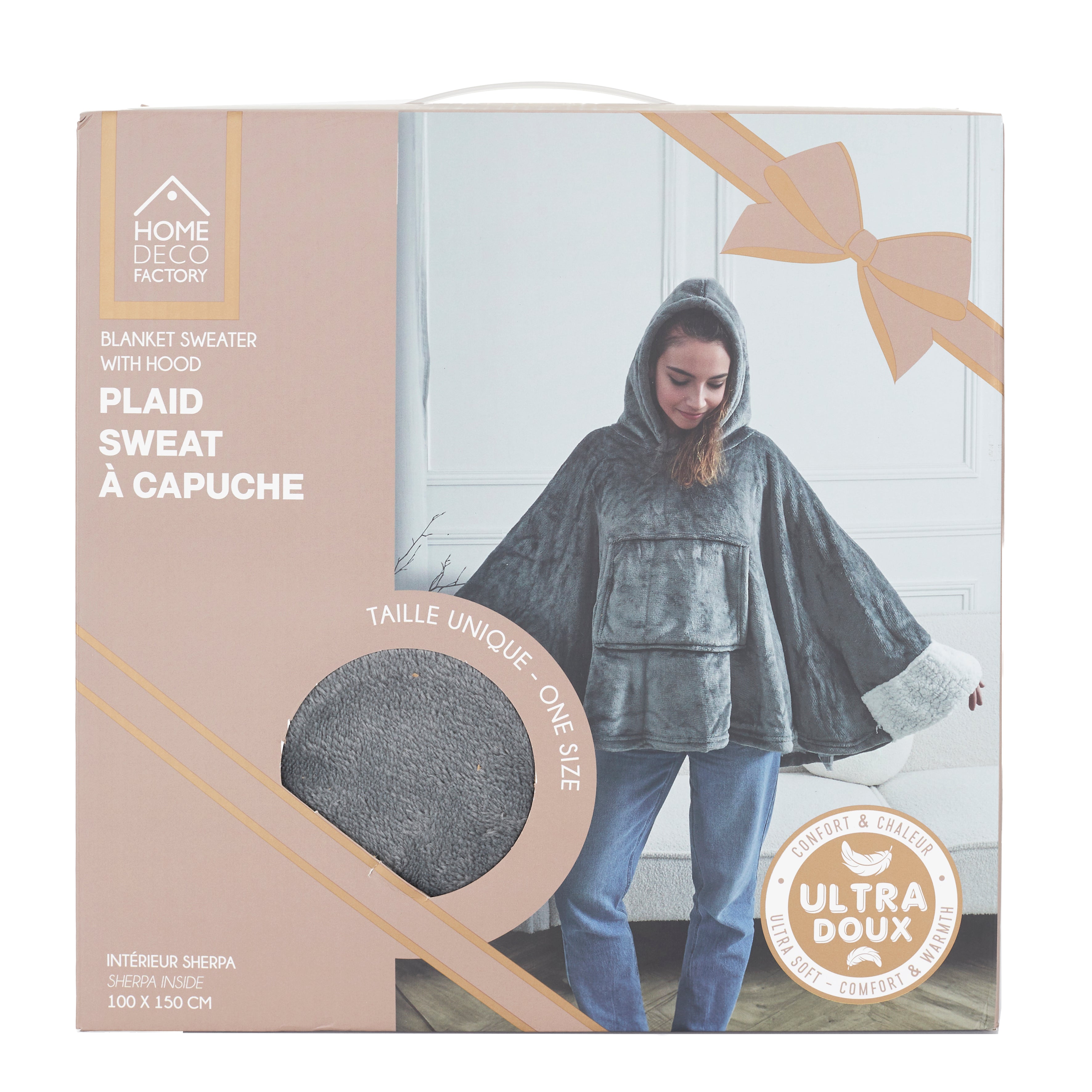 PLAID PONCHO GRIS FONCE MANCHES INT SHERPA