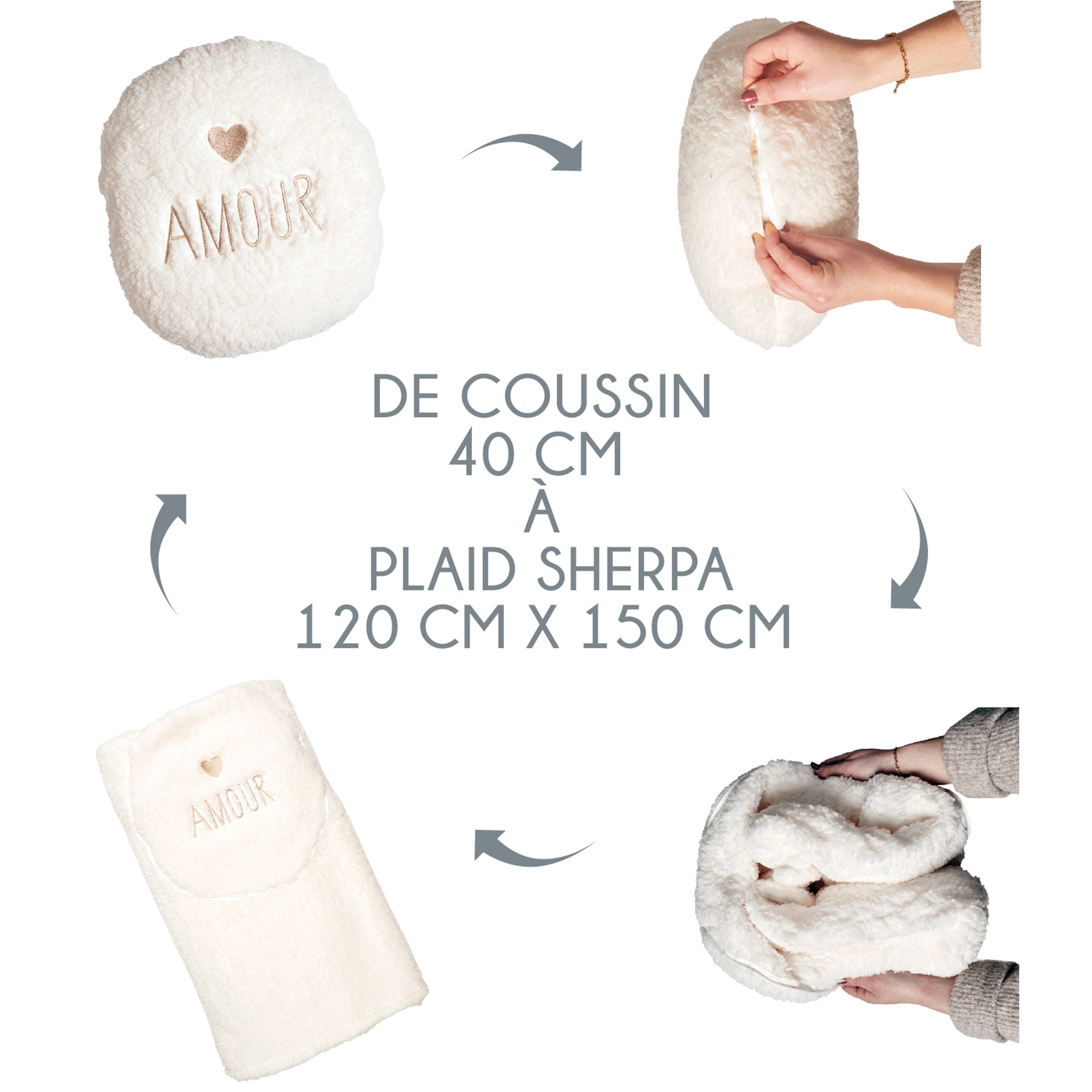 COUSSIN ET PLAID SHERPA CREME 120X150CM