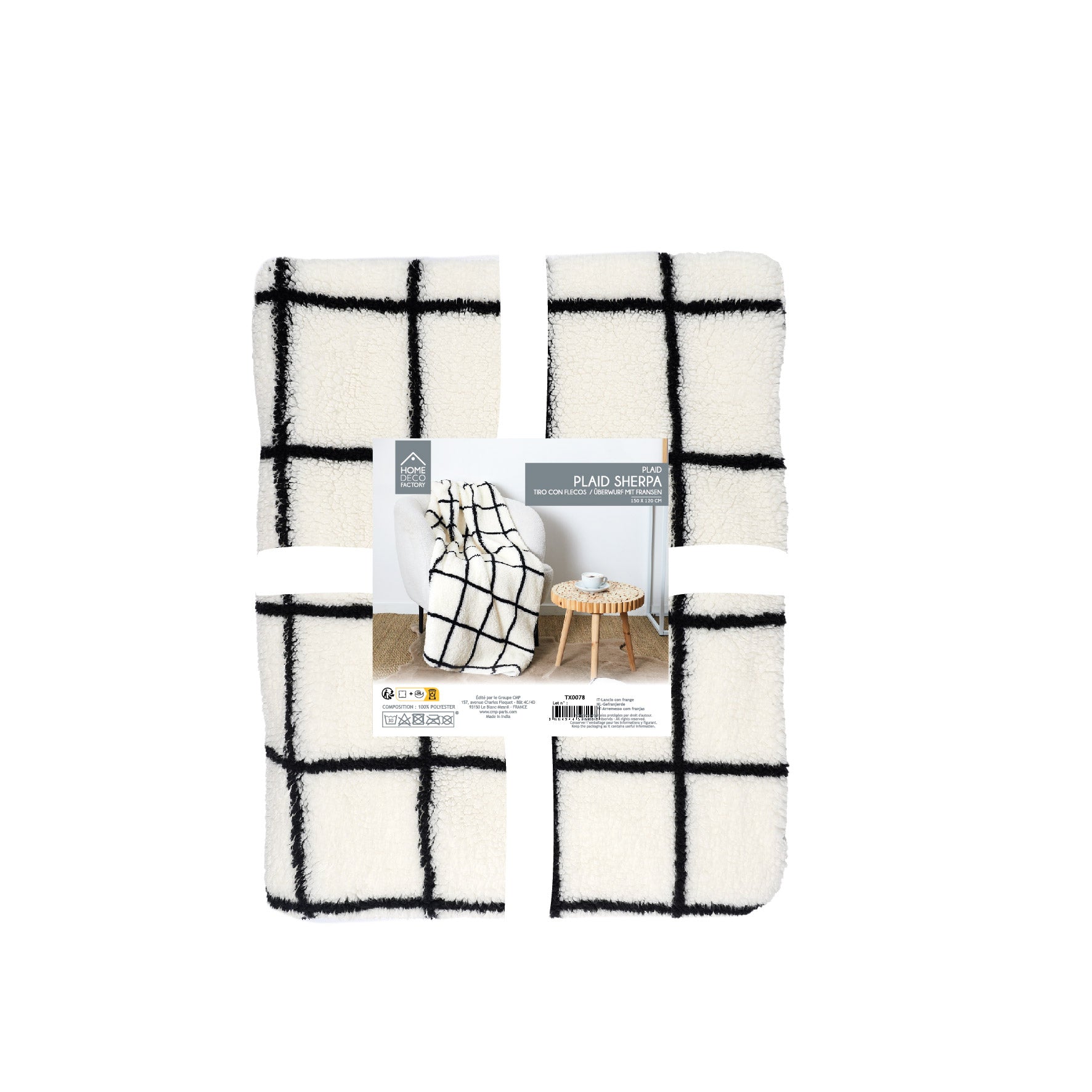 PLAID SHERPA BLANC CARREAUX NOIR 130X160CM