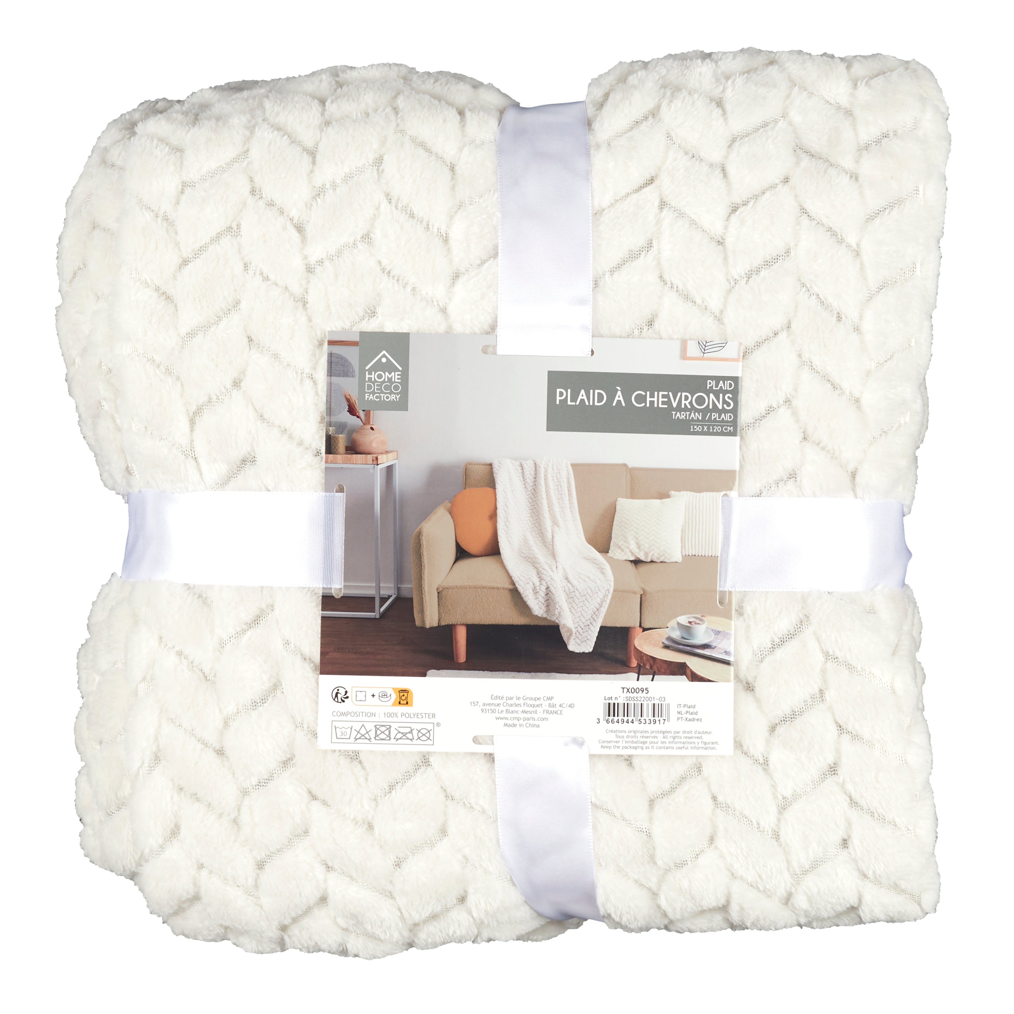 PLAID EFFET CHEVRON CREME 120X150CM