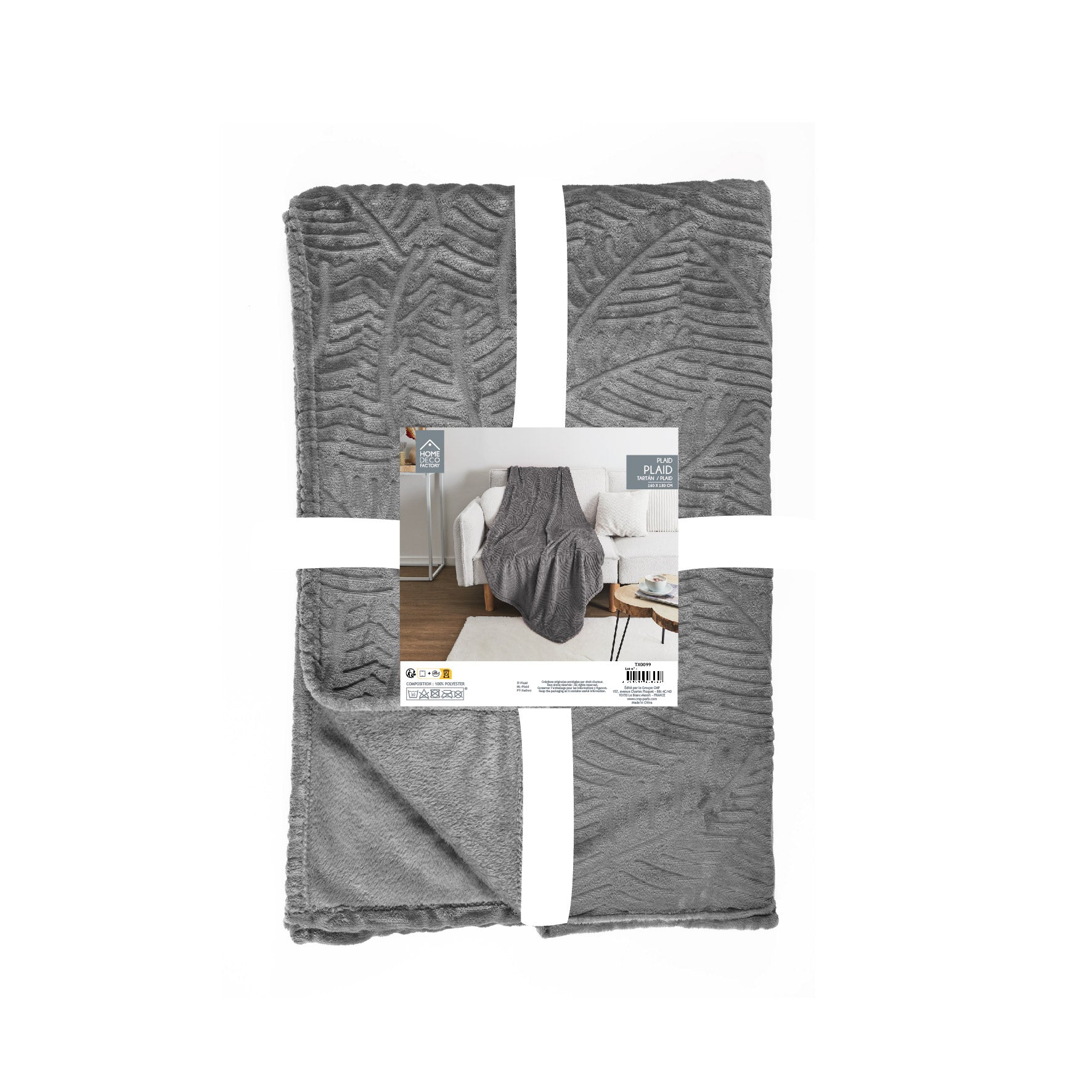 PLAID FLANELLE EMBOSSE GRIS FONCE 150X200CM