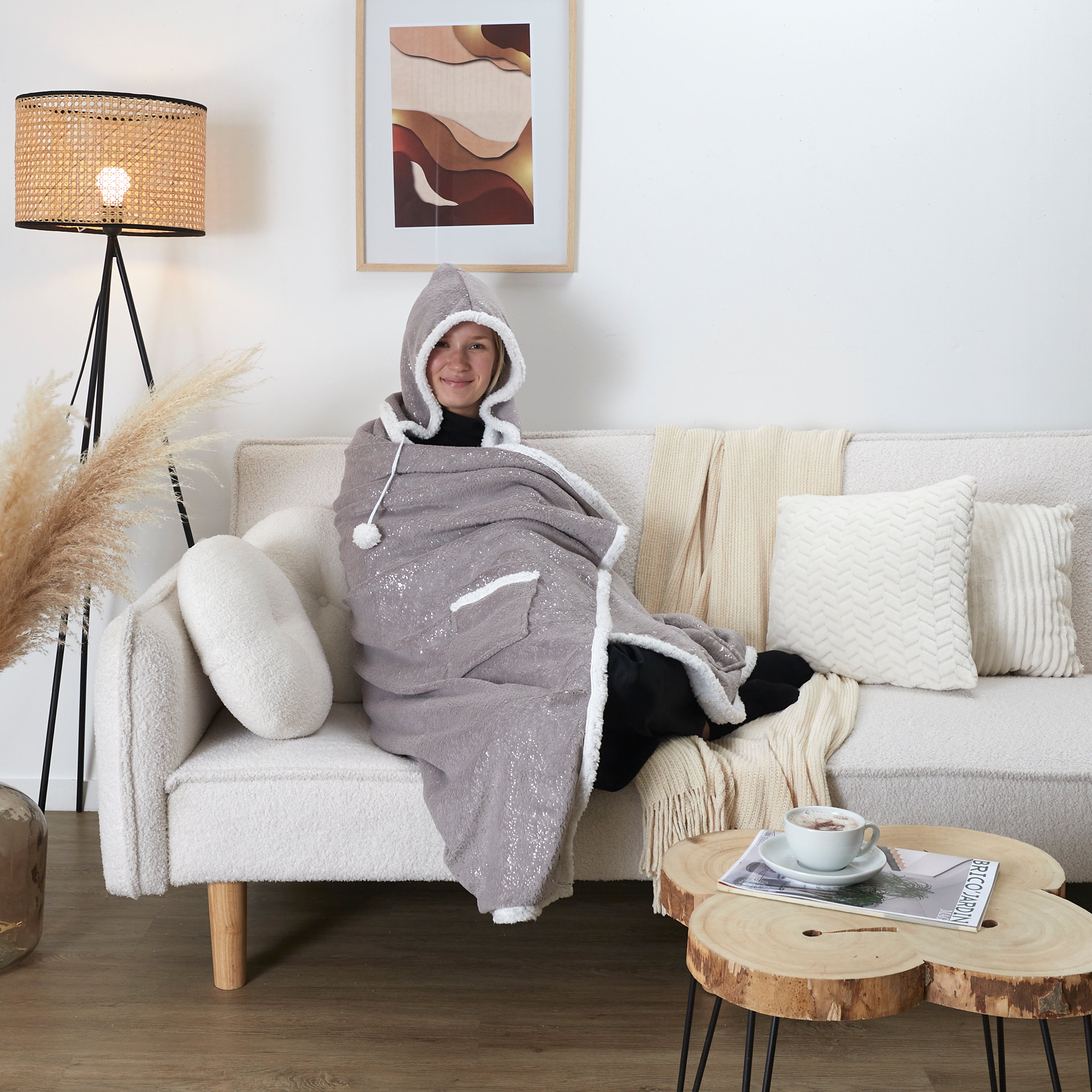 SWEAT PONCHO GRIS PRINTE INT SHERPA
