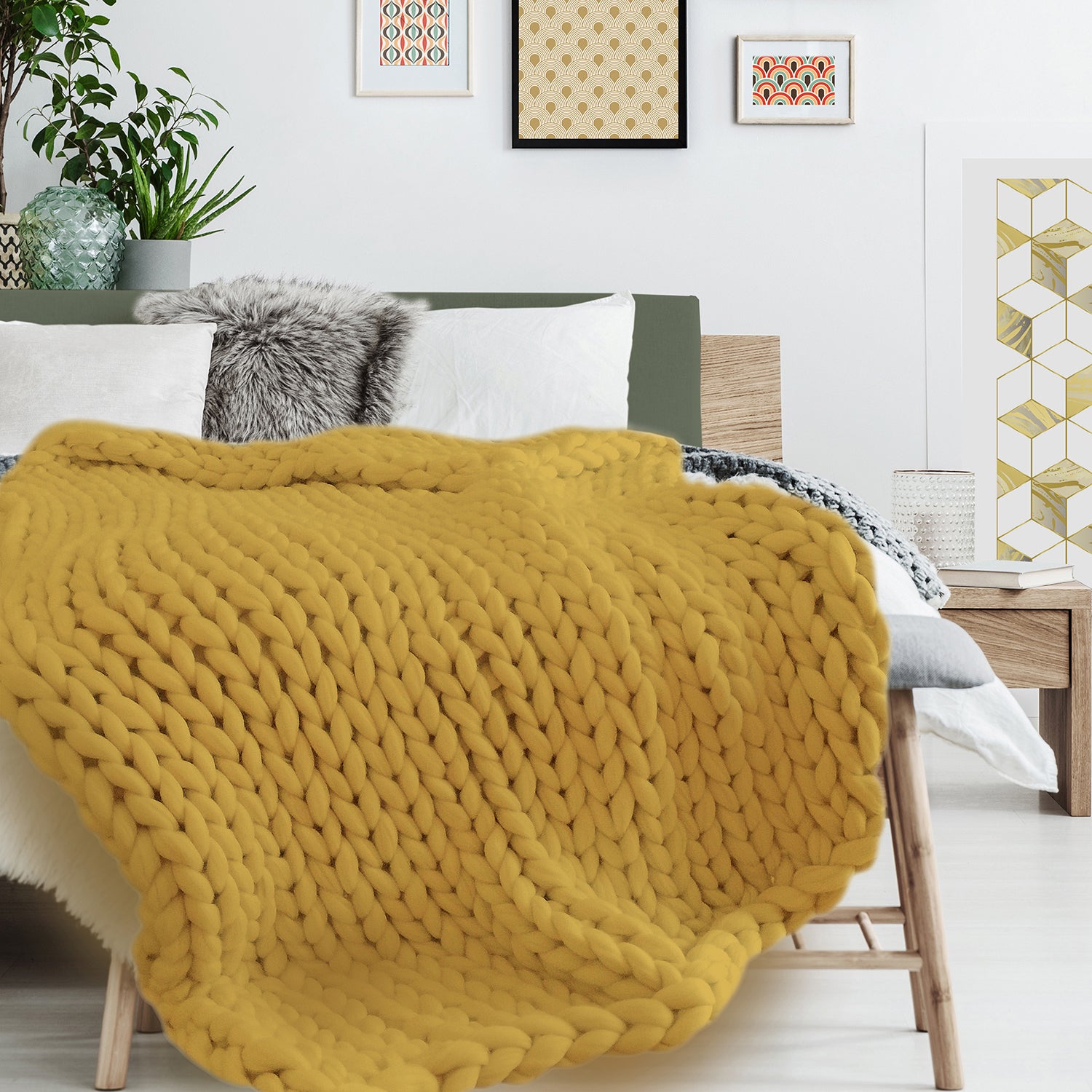 PLAID GROSSE MAILLE CHUNKY JAUNE 120X150CM