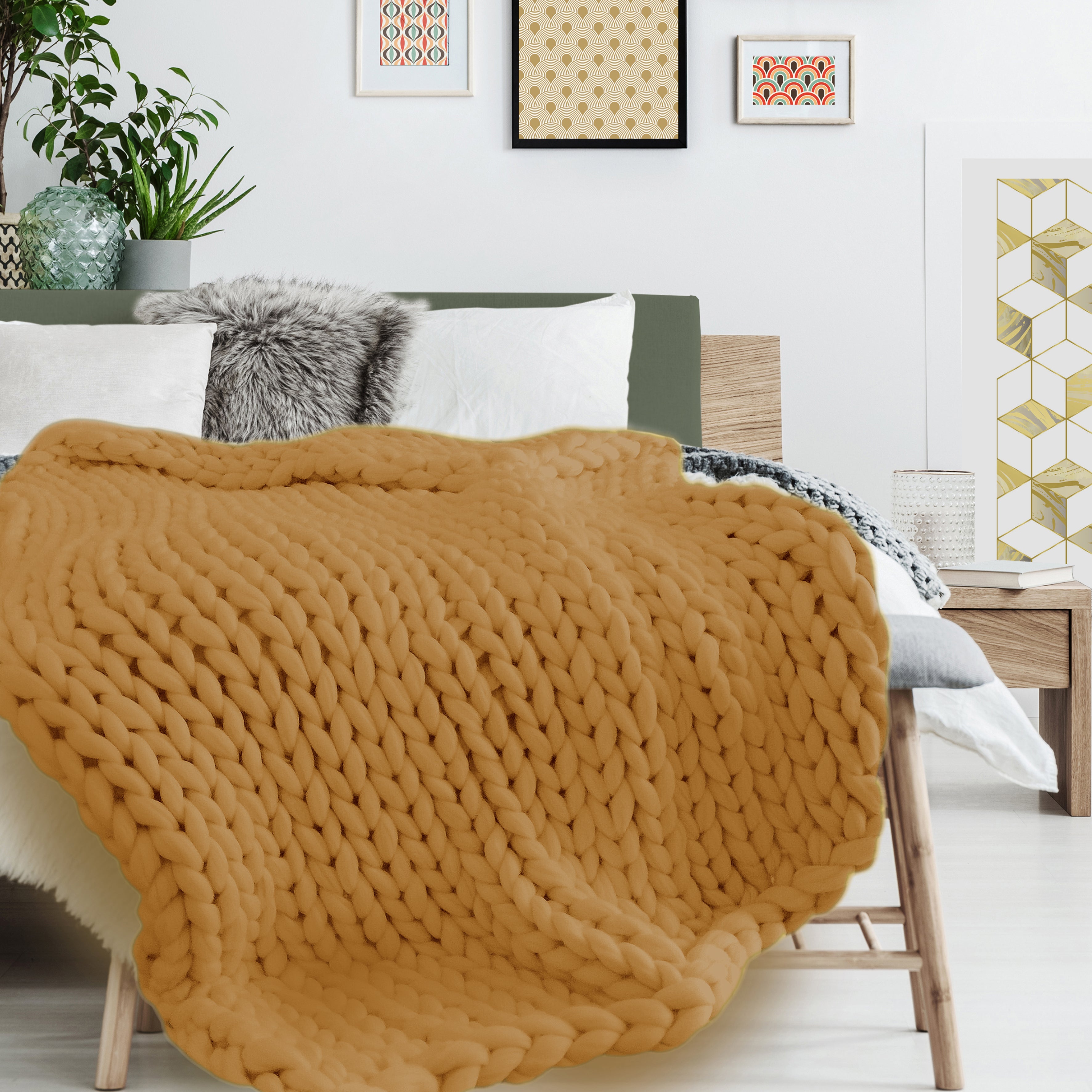 PLAID GROSSE MAILLE CHUNKY JAUNE 120X150CM