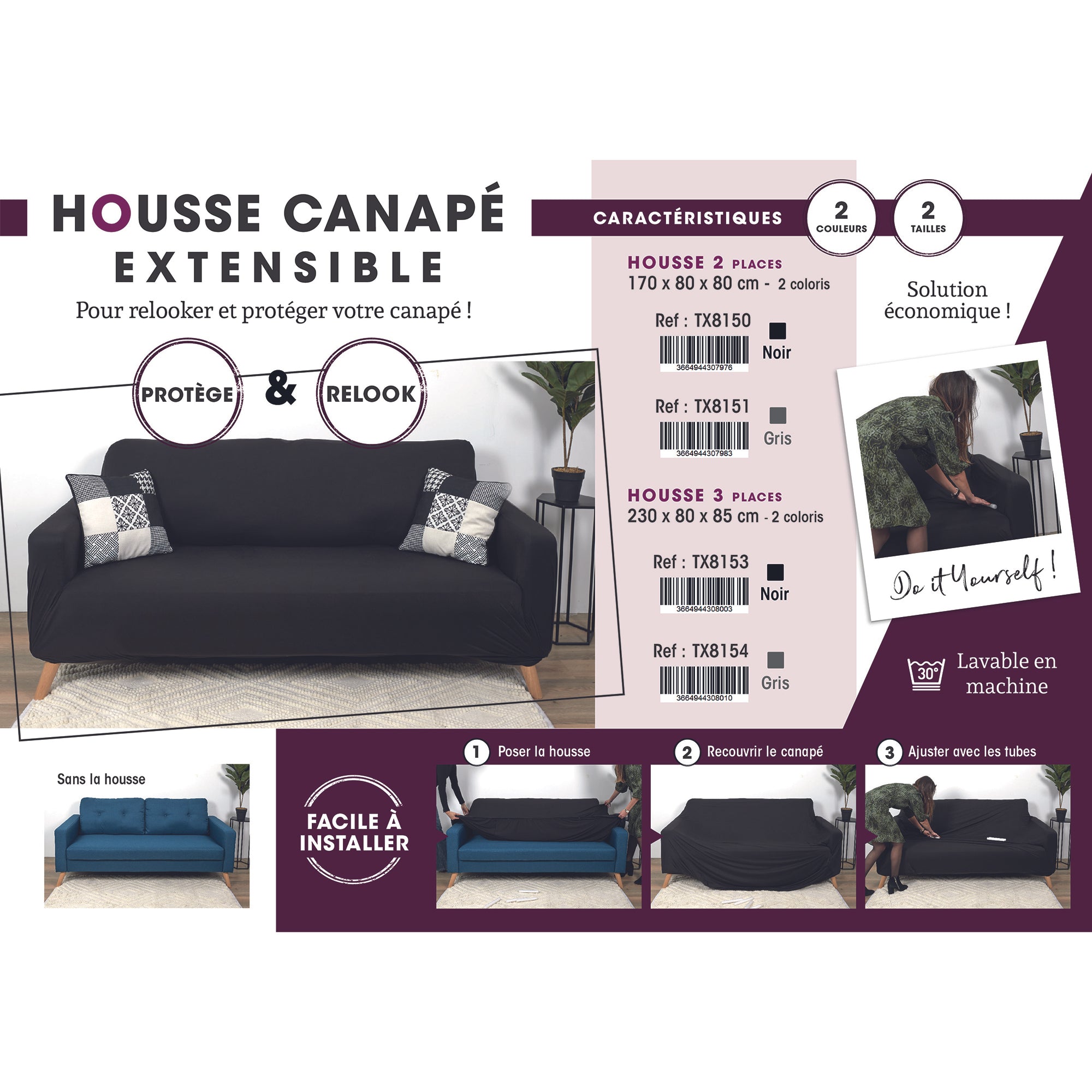 HOUSSE EXTENSIBLE CANAPE TROIS PLACES GRIS