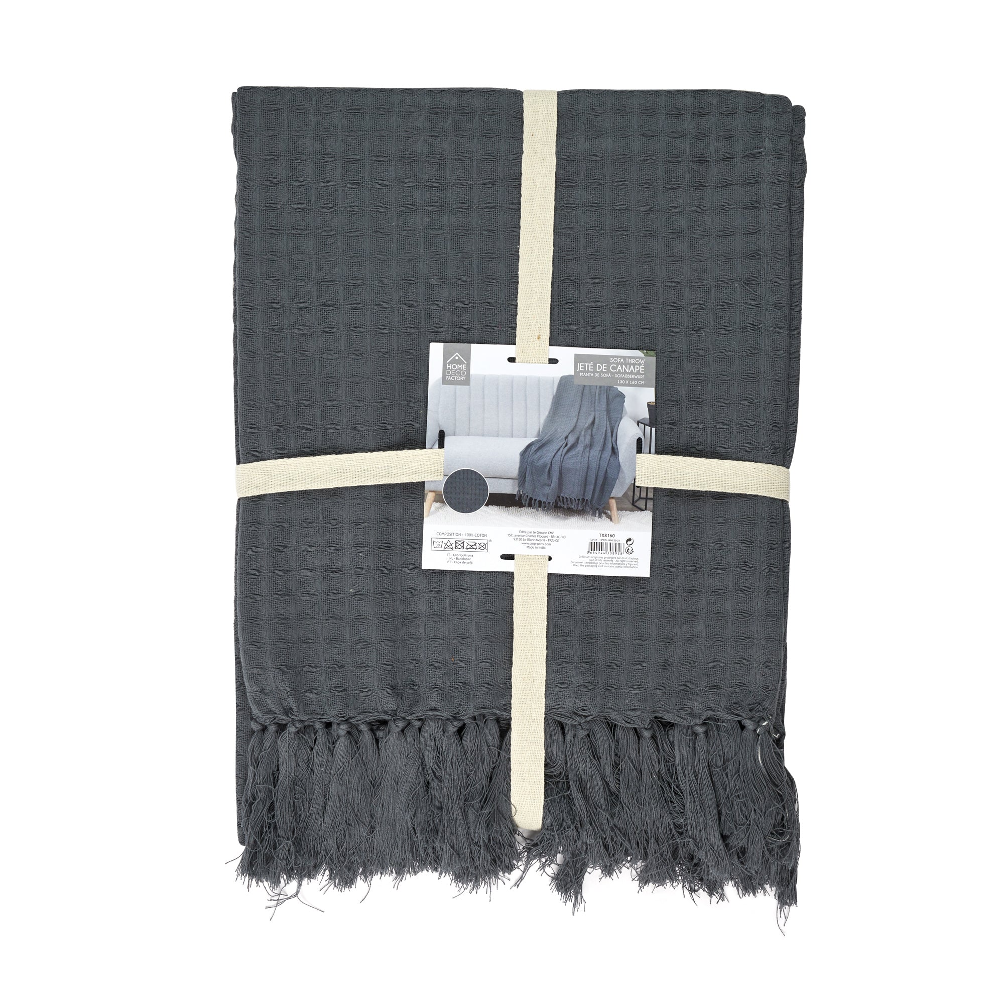 JETE DE CANAPE GAUFRE GRIS ANTHRACITE 130X160CM