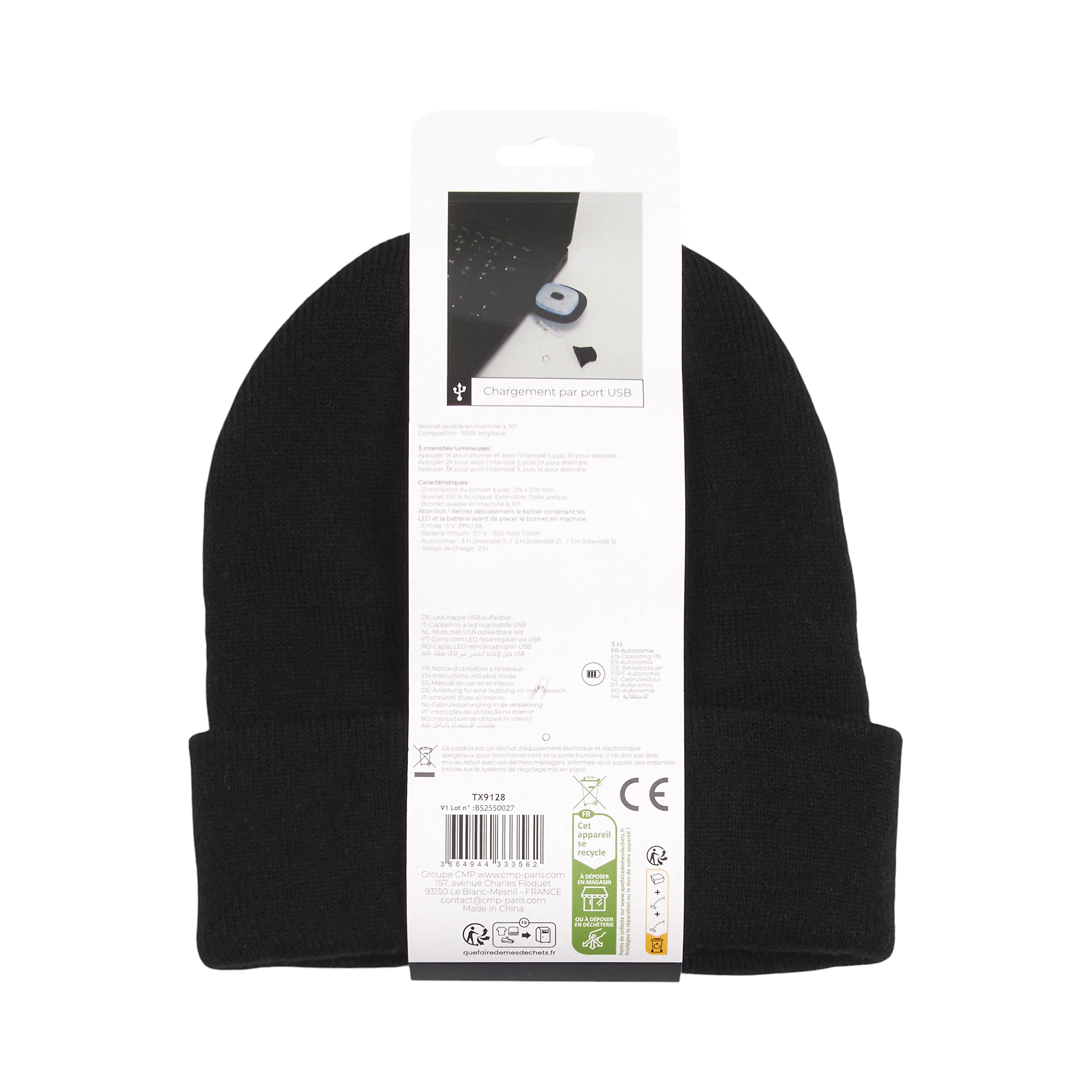 BONNET LED RECHARGEABLE USB ADULTE