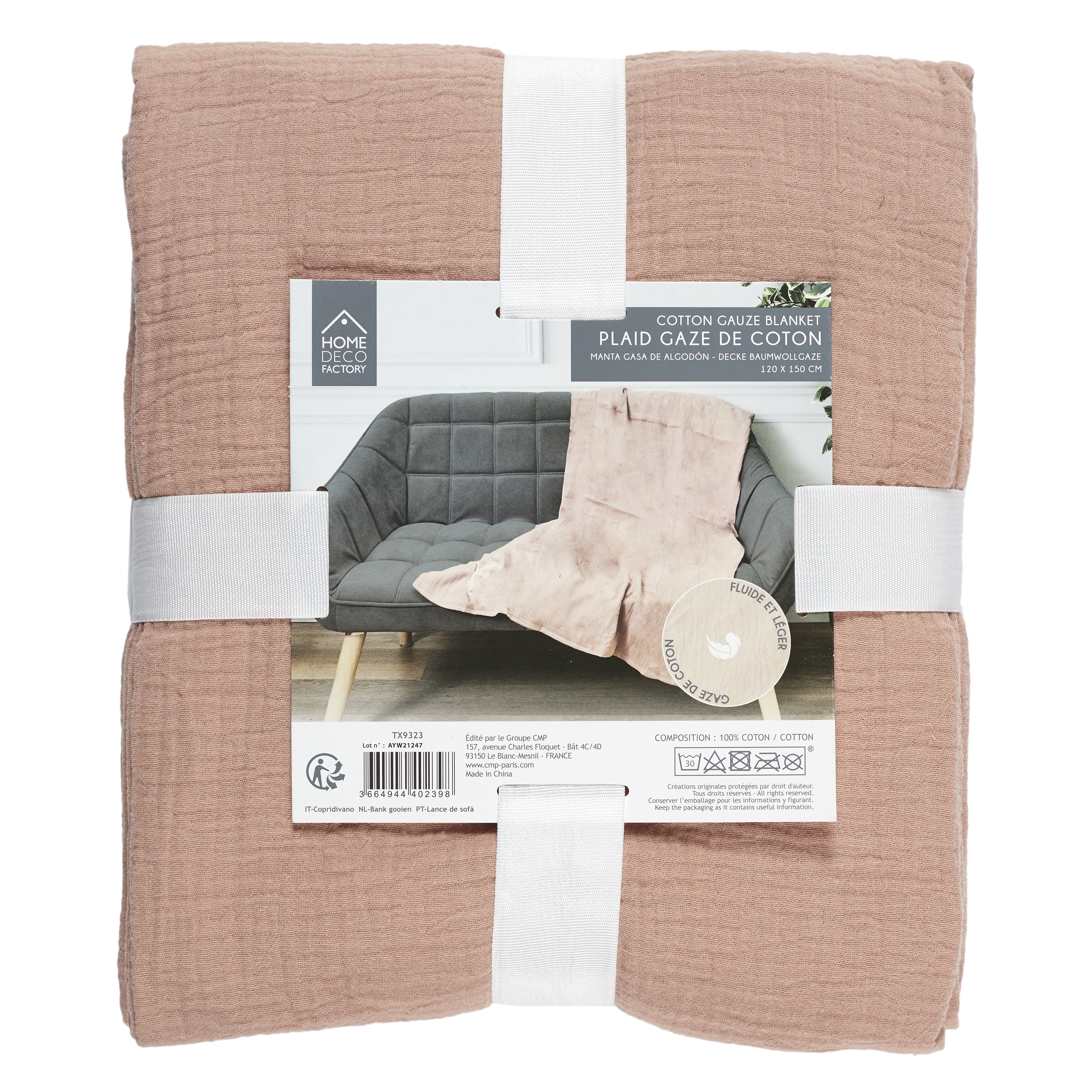 PLAID JETE GAZE DE COTON ROSE LITCHI 120X150CM
