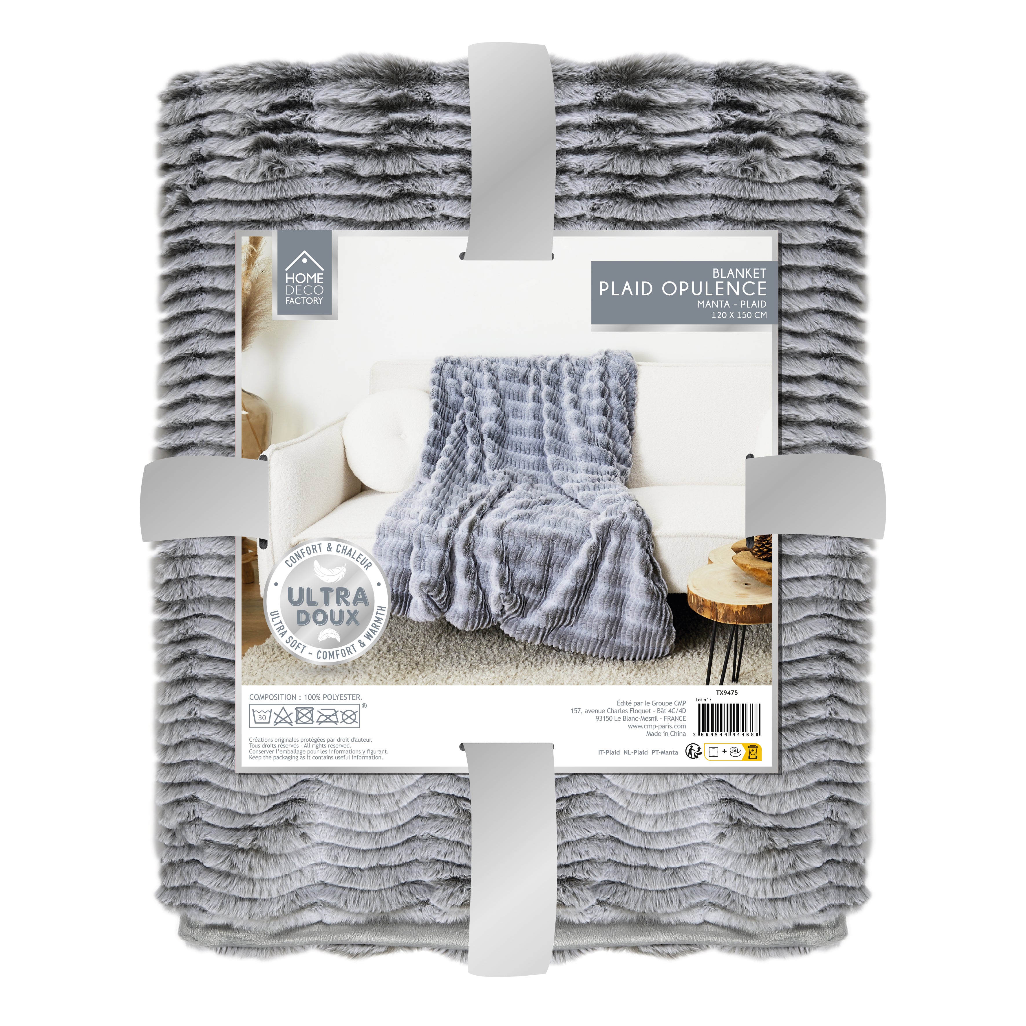 PLAID IMIT FOURRURE OPULENCE GRIS 120X150CM