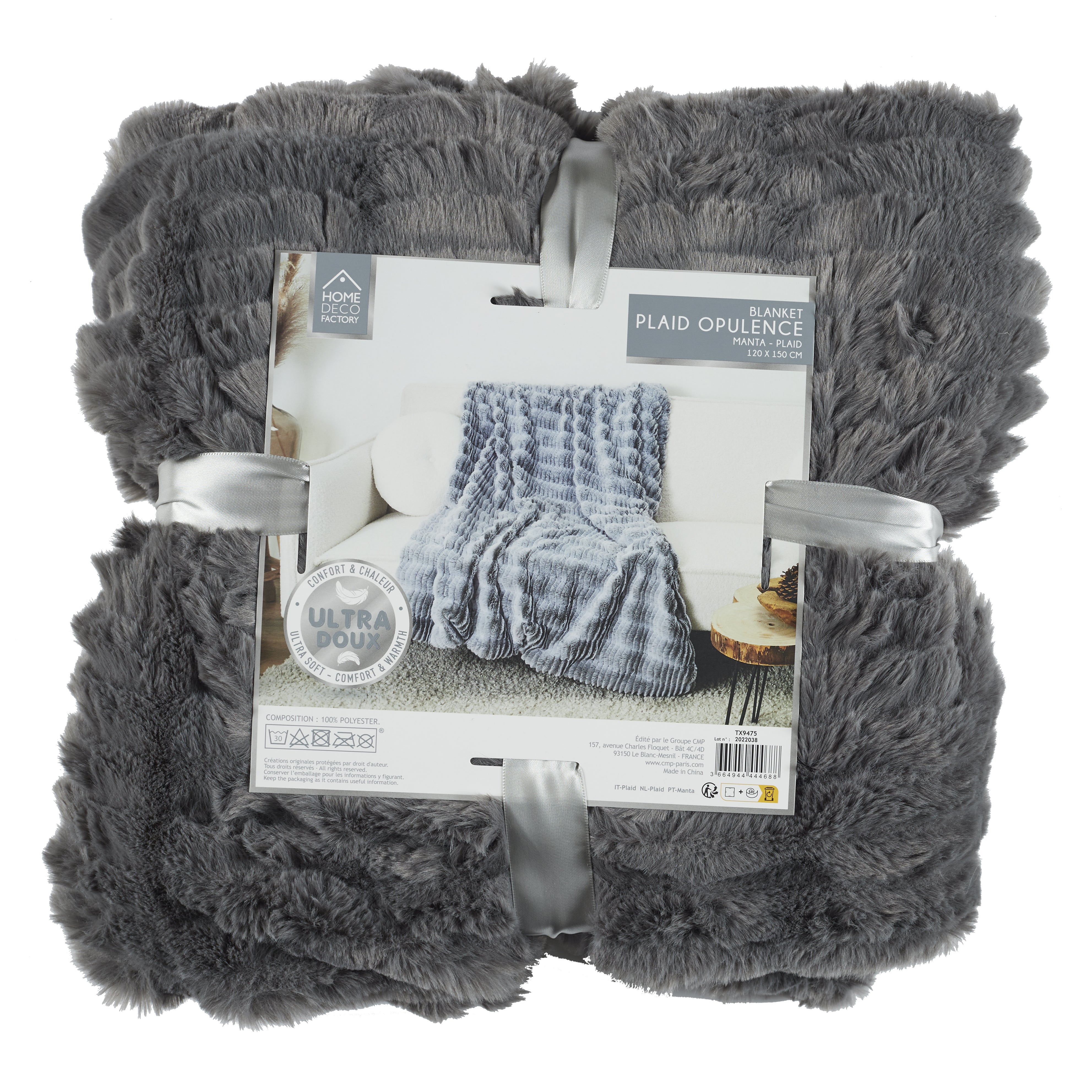 PLAID IMIT FOURRURE OPULENCE GRIS 120X150CM