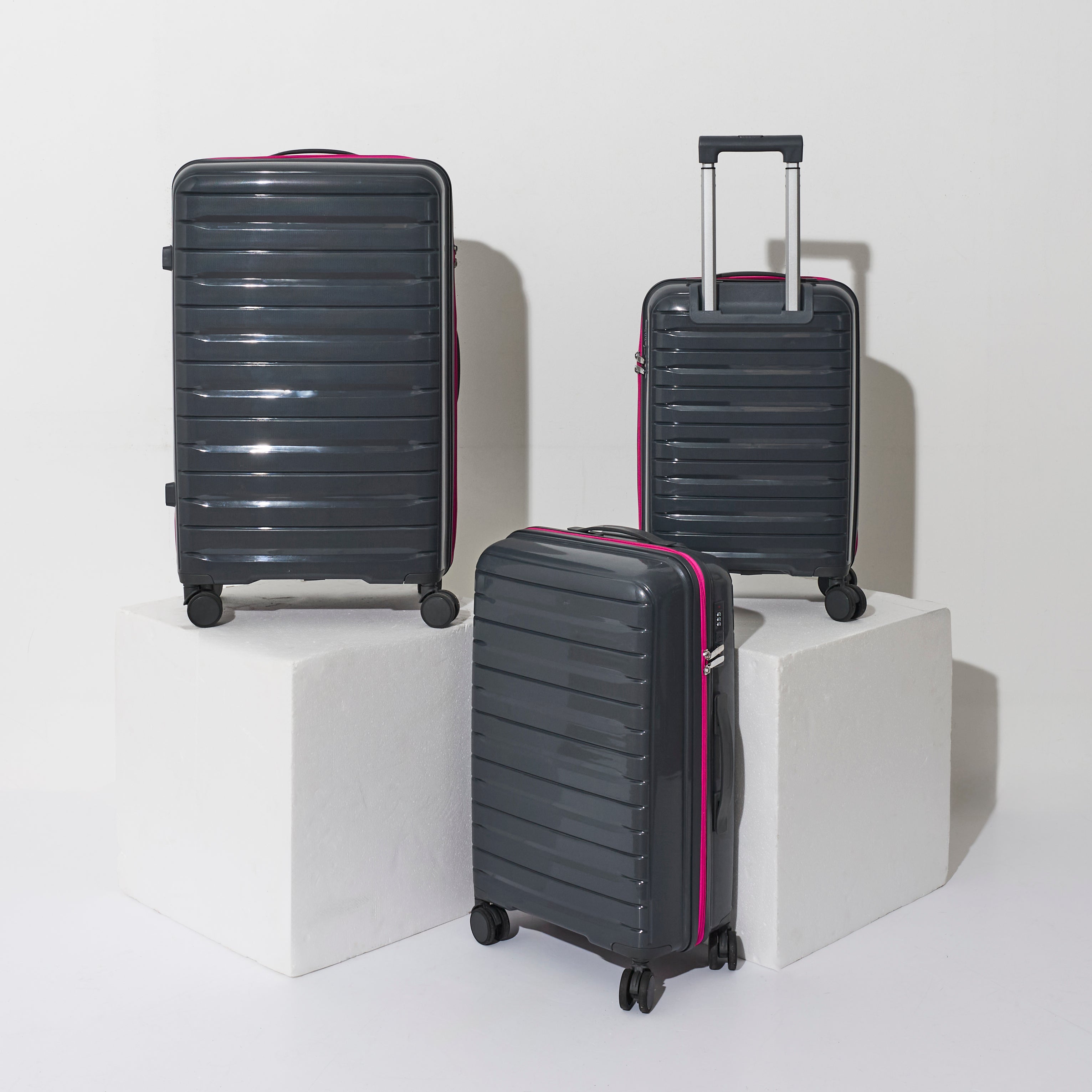 VALISE ROME GRIS ZIP ROSE FLUO X3 36L 60L 86L