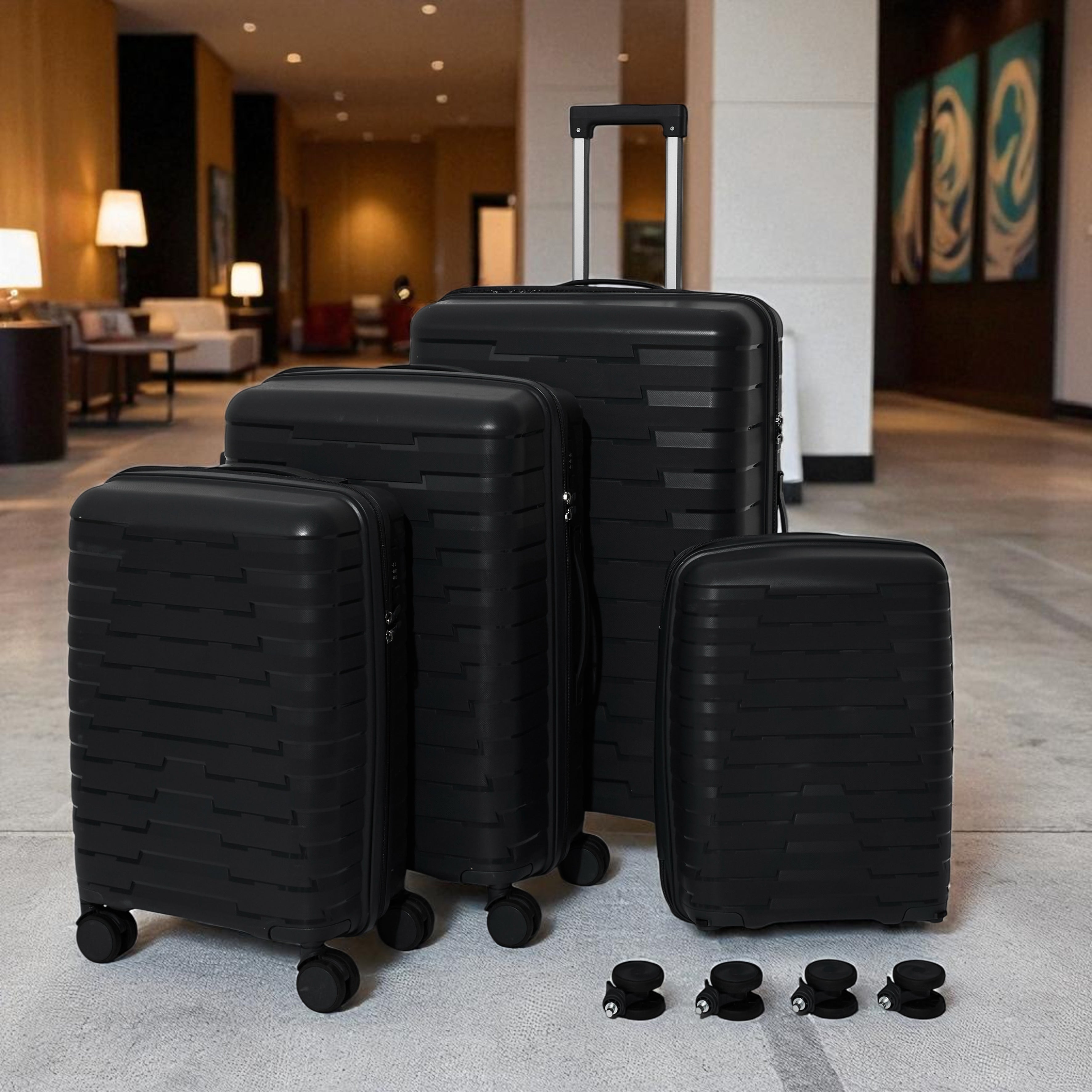 SET 4 VALISE NOIR CABINE ROUES AMOVIBLES NAPLES